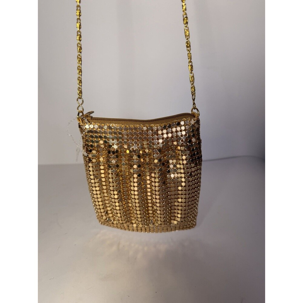Gold Metal Mesh Crossbody Evening Bag Long Chain Strap Mini Purse